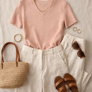 Dressbarn Ribbed V-Neck Knit Top – Blush Pink Short Sleeve Sweater Size S